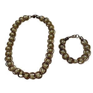 Vintage Gold Tone Pearl Chain Necklace Bracelet Set Faux Pearl Jewelry Bundle